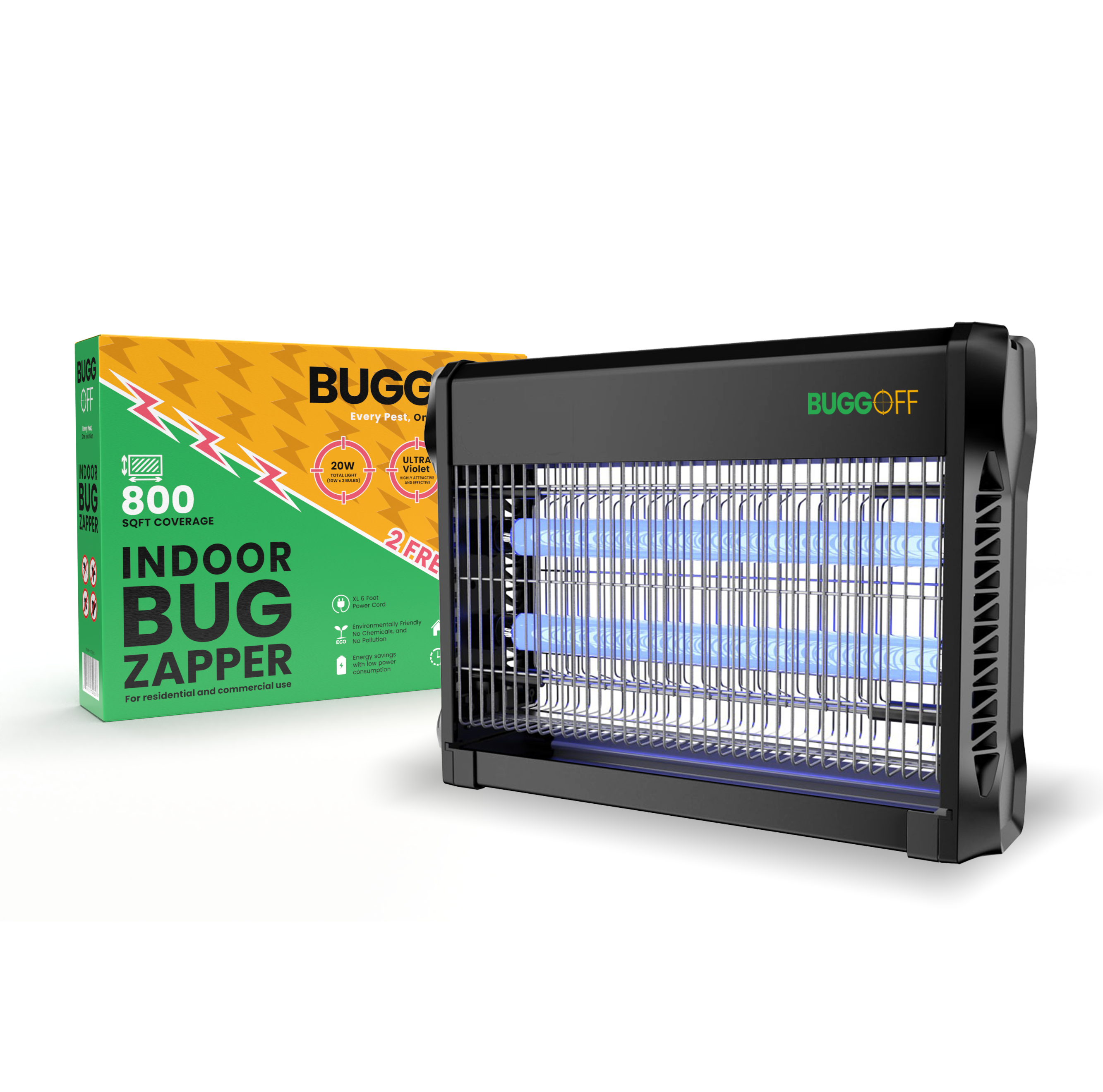 Tue-insectes électrique d'intérieur, 3500 volts de puissance étonnante, 20 watts, tue les moustiques, les moucherons, les mouches et plus encore. Garantie de 5 ans, 2 ampoules de rechange gratuites