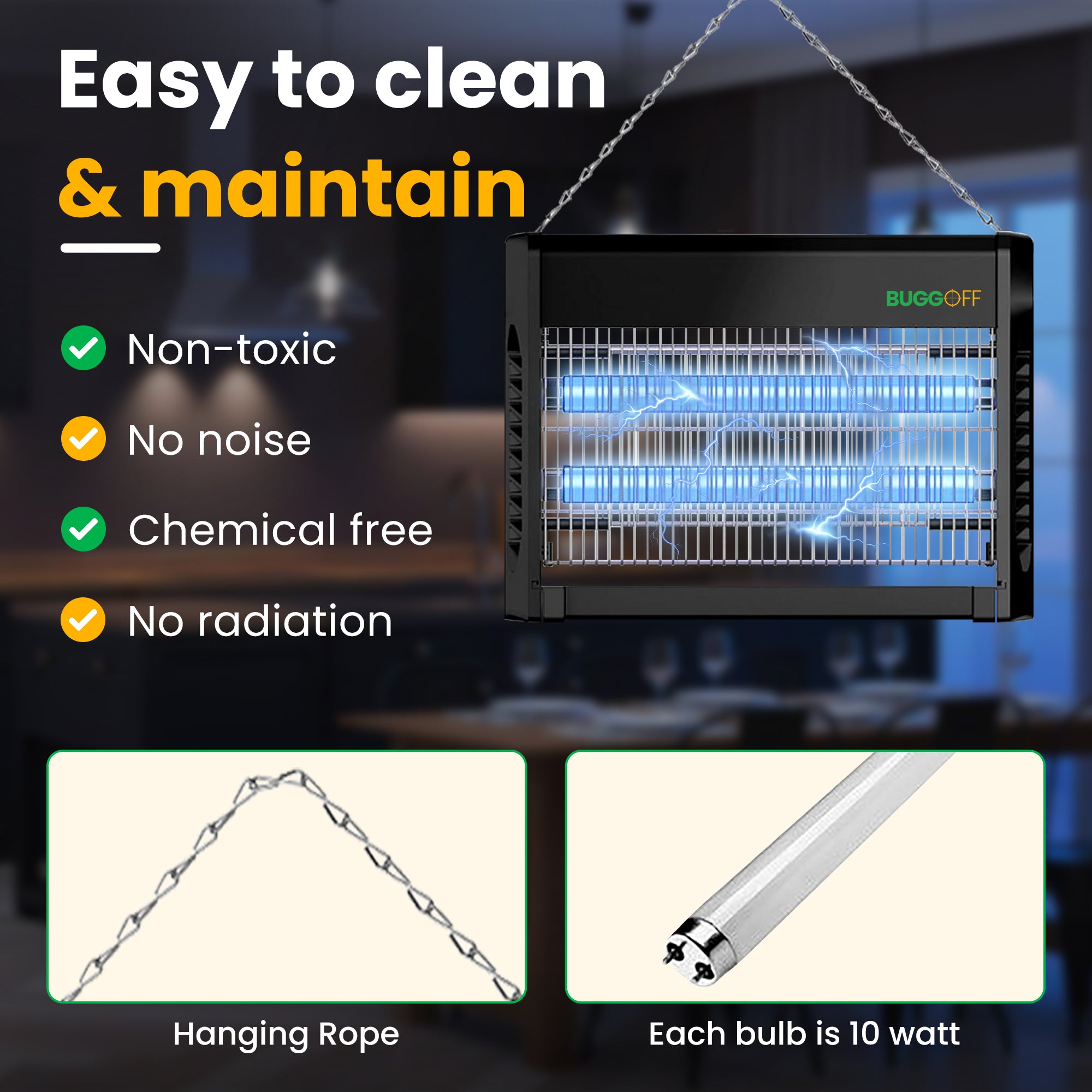 Tue-insectes électrique d'intérieur, 3500 volts de puissance étonnante, 20 watts, tue les moustiques, les moucherons, les mouches et plus encore. Garantie de 5 ans, 2 ampoules de rechange gratuites